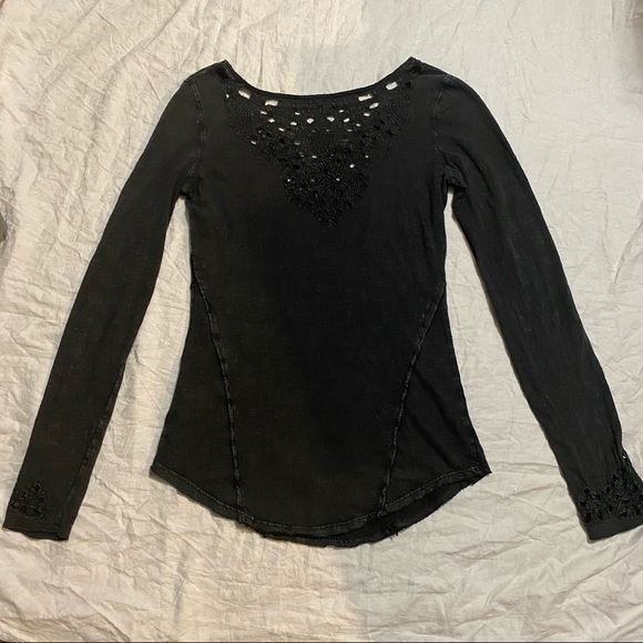 Free People Grey Long Sleeve Lace Detail Top Slub Knit Distressed Size Sm - Picture 7 of 8